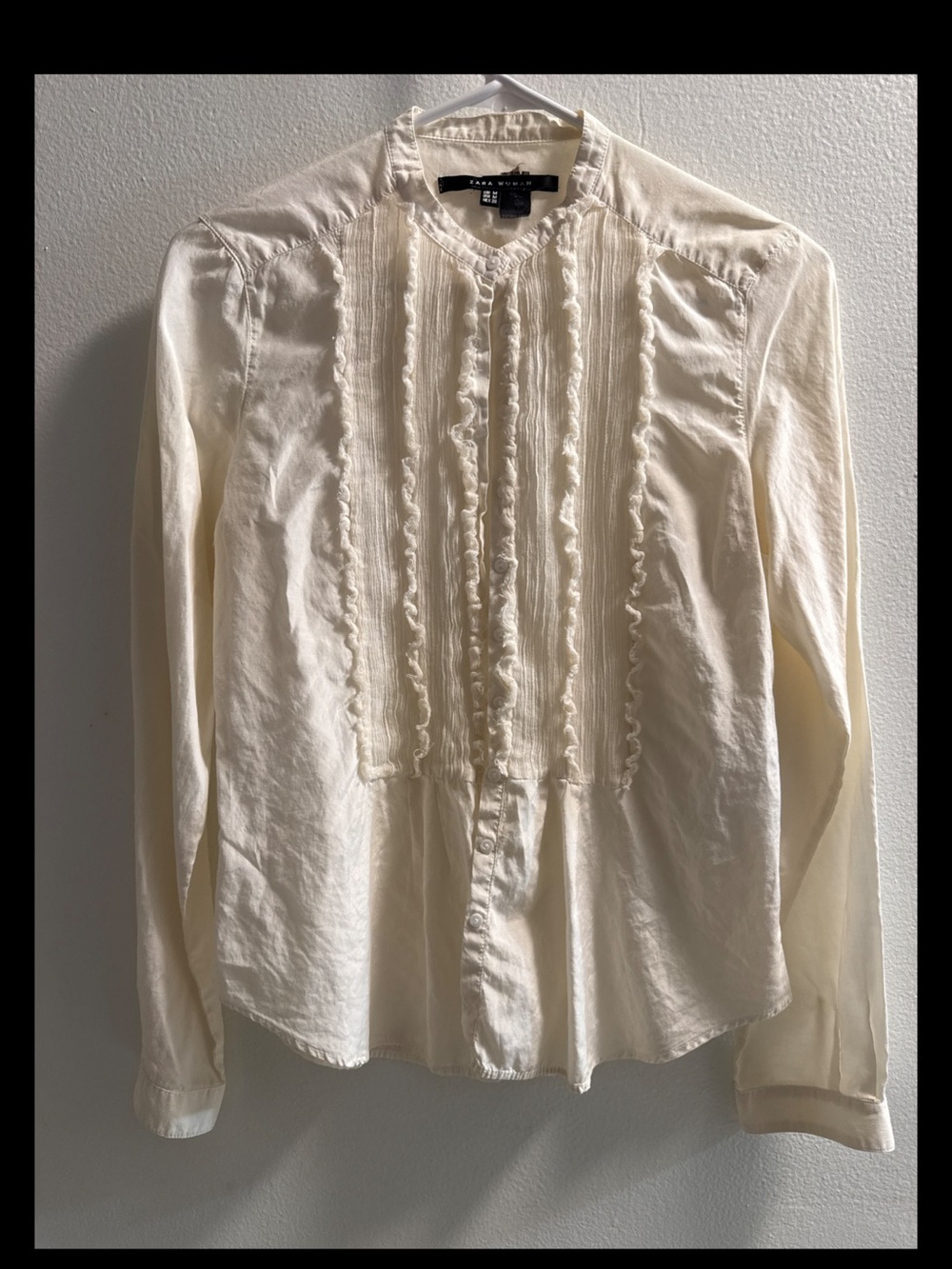 Zara Cream Ruffled Front Button-Up Blouse silk blend